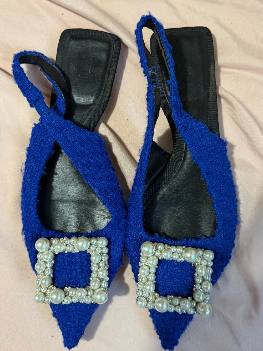 Zara Royal Blue Tweed Pointed Slingback Flats with Pearl Buckles
